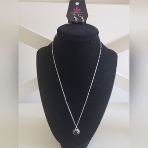 Paparazzi Silver Necklace With Small Black Stone Pendant And Earring Set